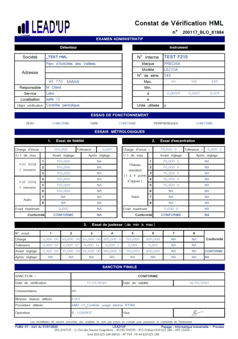 Constat de vérification de balance