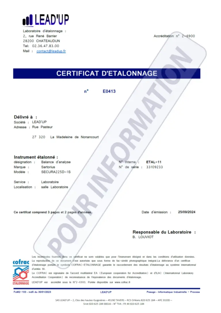 Etalonnage COFRAC de balance